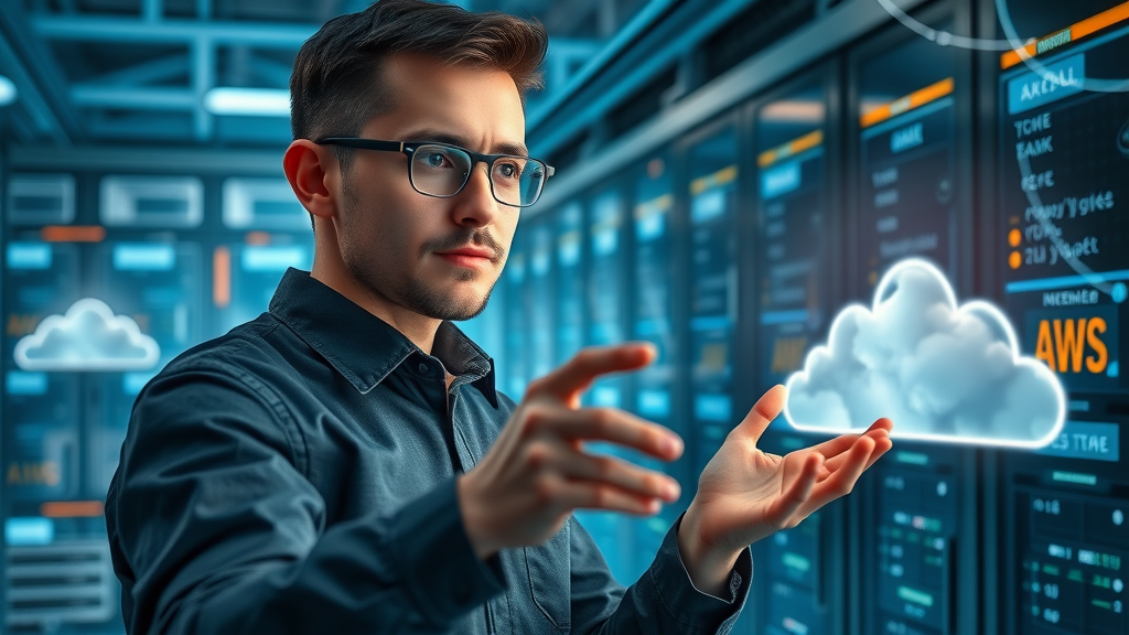 IT professional interacting with AWS cloud interface in ultra-modern tech environment, representing AWS Certified Cloud Practitioner