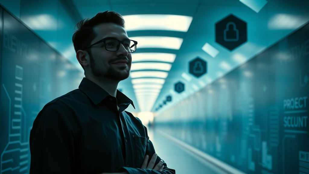 Future-focused IT professional silhouetted against a pathway mural with tech career icons