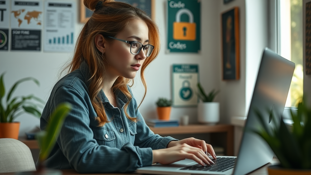 Cybersecurity career focused young woman analyzing data security on laptop in cozy home office