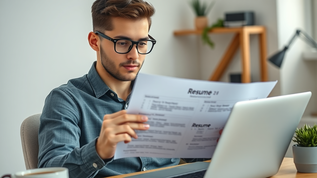 Cybersecurity career professional young job seeker reviewing resume draft on laptop in minimalist office