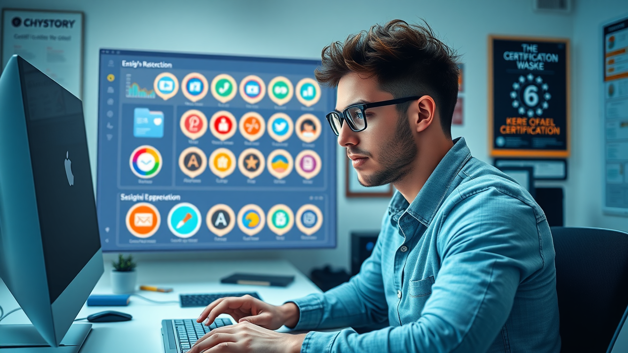 inspiring IT student reviewing a digital dashboard with certification badges, how to study for IT certifications, modern study room