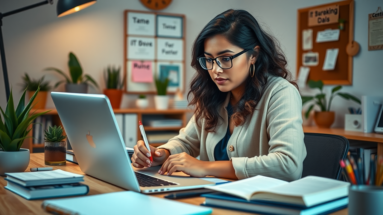 organized student workspace studying for IT certifications, laptop, IT certification books and notepads, cozy home office