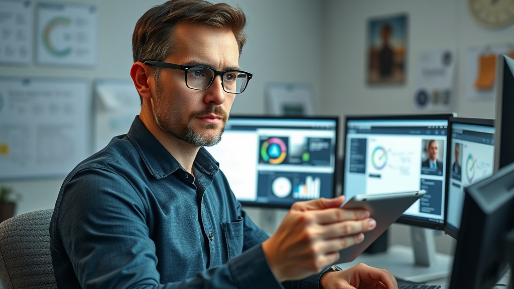 thoughtful IT professional researching study materials for IT certification on dual monitors, books and online courses for how to study for IT certifications