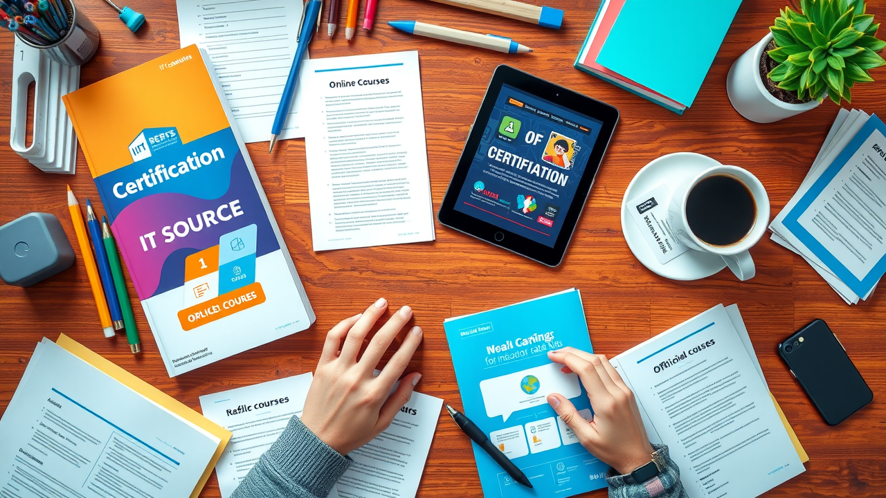 colorful flat lay of IT certification study materials including guides, online courses, lab kits, how to study for IT certifications