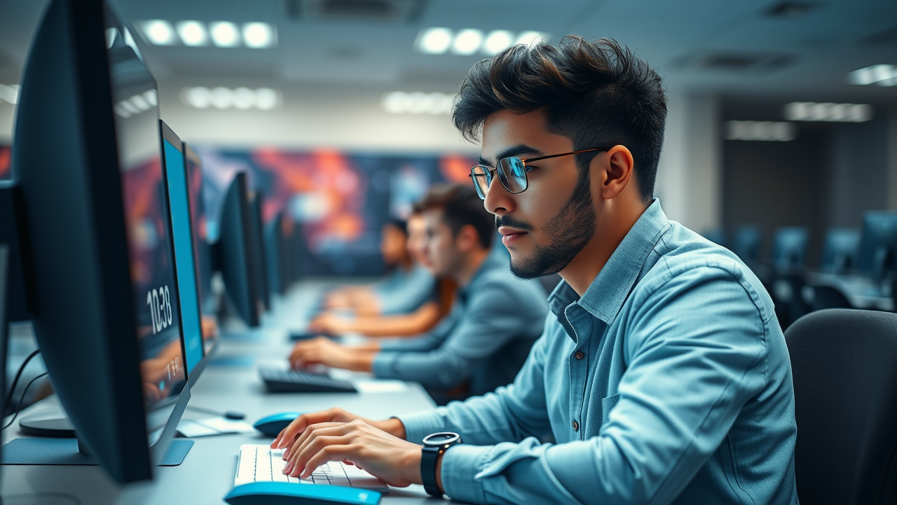 motivated IT student completing a practice exam for IT certification, with timer, in realistic tech learning center