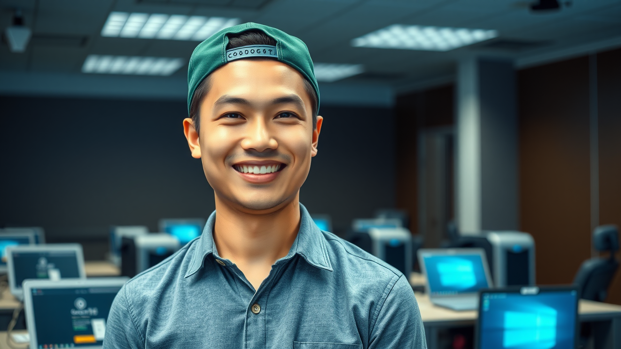 enthusiastic learner using hands-on CompTIA certification lab kit for IT exam prep