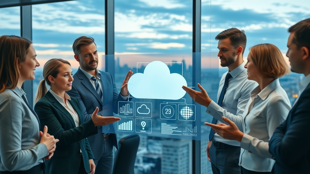 cloud computing skills modern office collaboration digital cloud diagrams diverse professionals