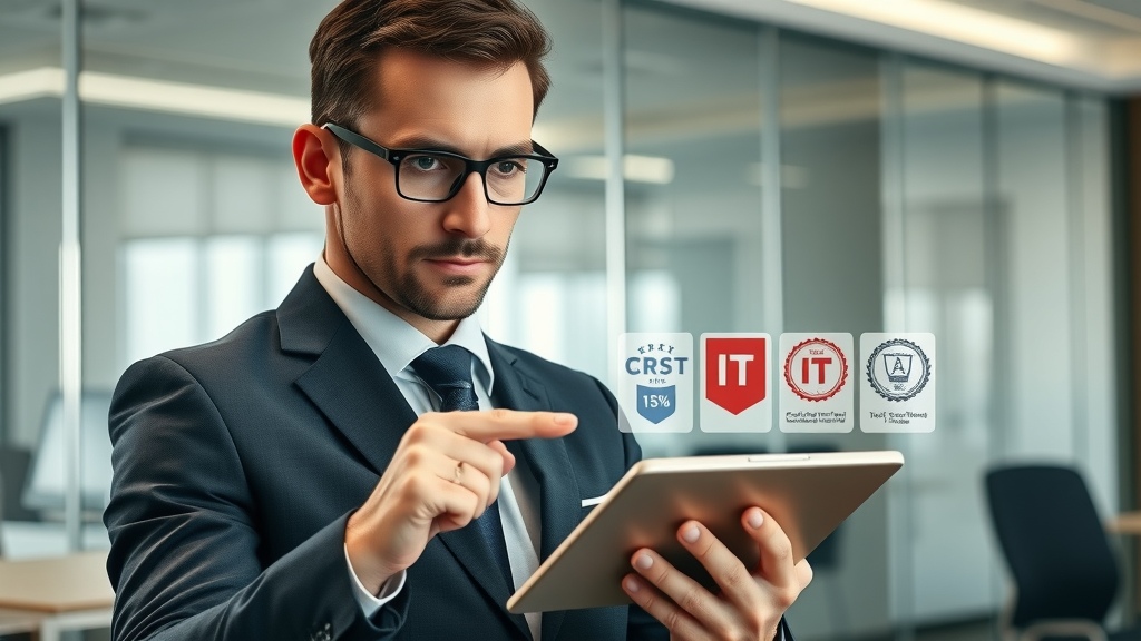 IT professional comparing CompTIA Security+ vs CISSP and CEH security certifications using digital device.
