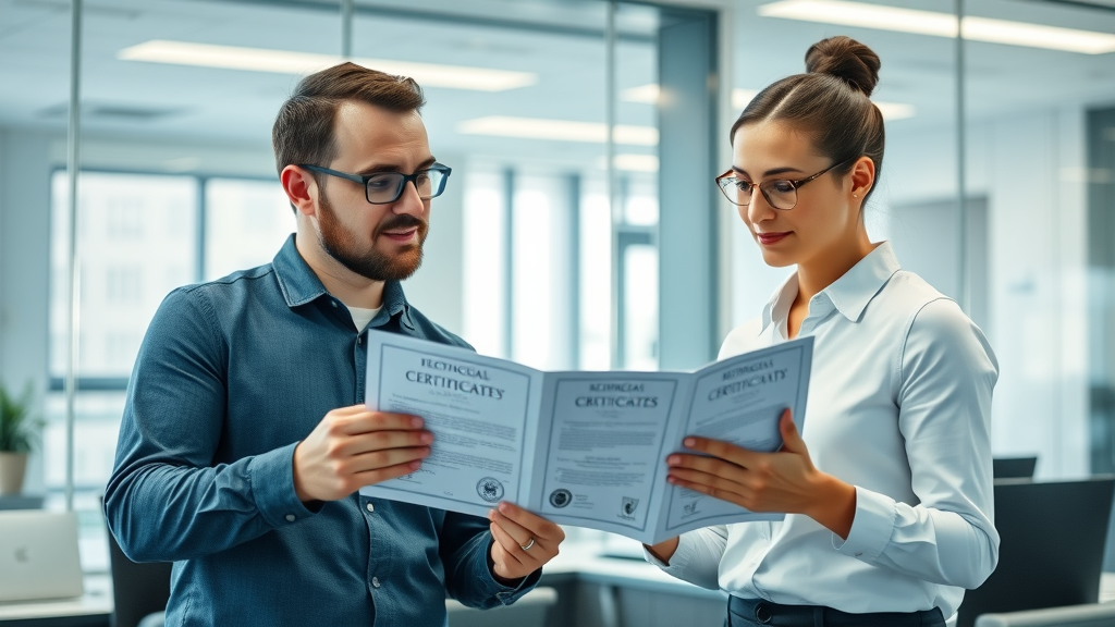 inspiring team meeting between IT professional and hiring manager, reviewing printed certificates, salary negotiation techniques