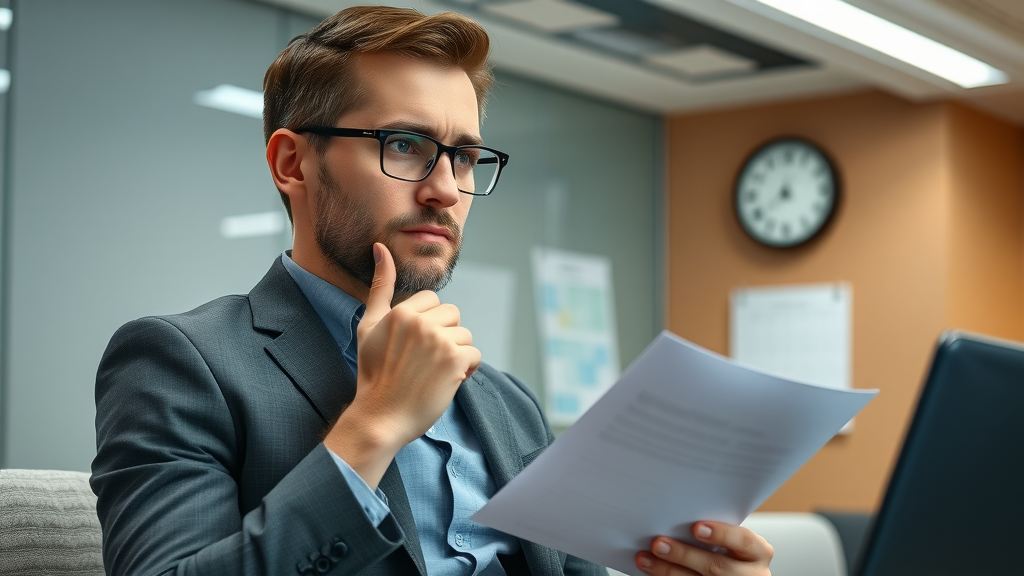 focused IT job candidate preparing talking points for salary negotiation, visible clock and calendar