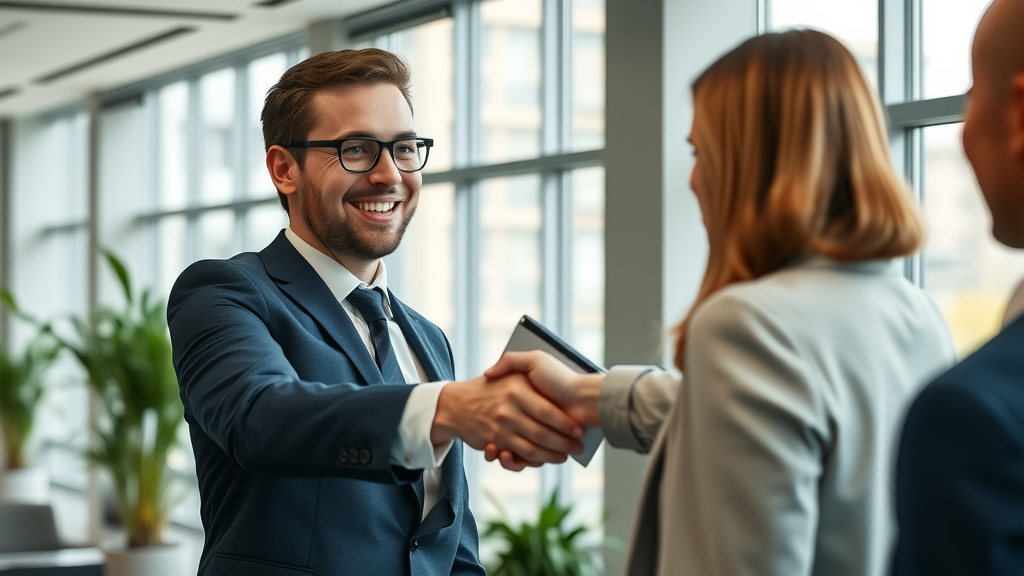 celebratory IT professional receiving handshake from manager after successful salary negotiation