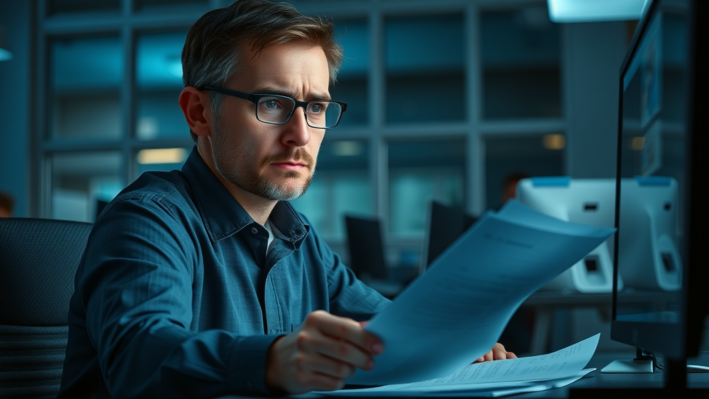 concerned IT professional reflecting on negotiation mistakes, reviewing notes at a desk, salary negotiation errors