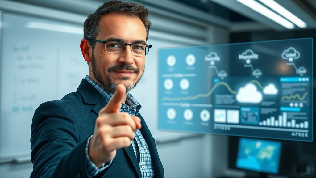 Inspirational IT professional pointing toward a digital IT career roadmap in a modern tech office, digital whiteboards and cloud networks in background