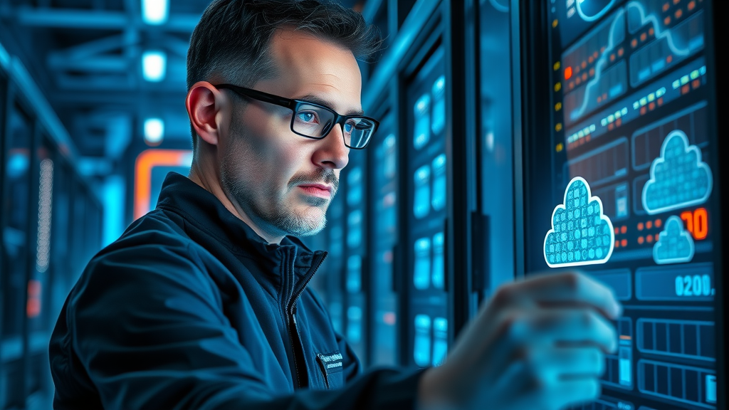 Senior IT engineer configuring cloud-based infrastructure with focus on cybersecurity protocols and digital cloud overlays