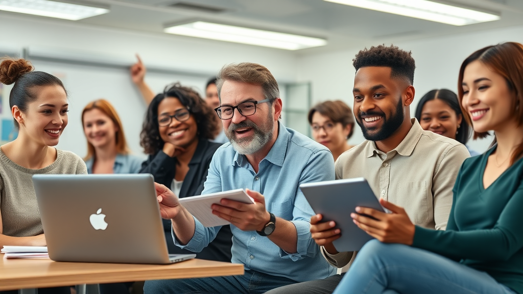 optimistic diverse group of adult learners engaging in budget IT training classes, using laptops, digital notepads - budget IT training contemporary classroom