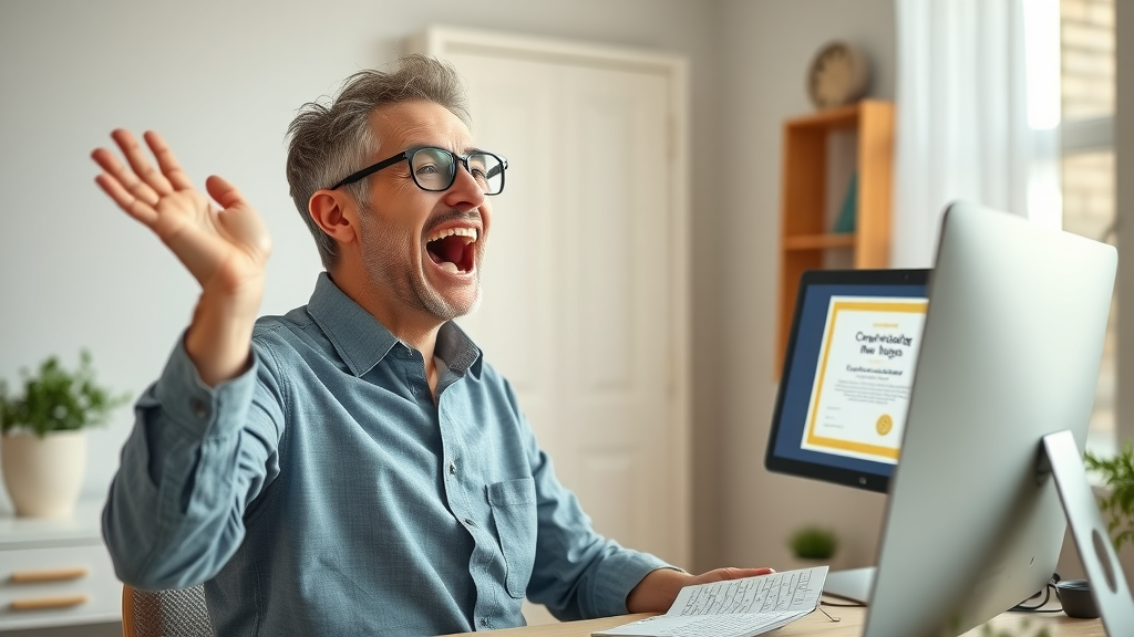 inspired adult learner celebrating new job offer after budget IT training, certificate on screen, positive achievement - budget IT training success story