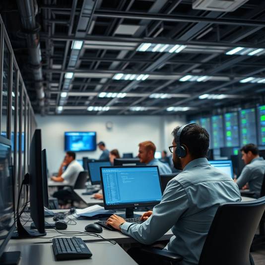 Diverse IT professionals in a bright network operations center during the day